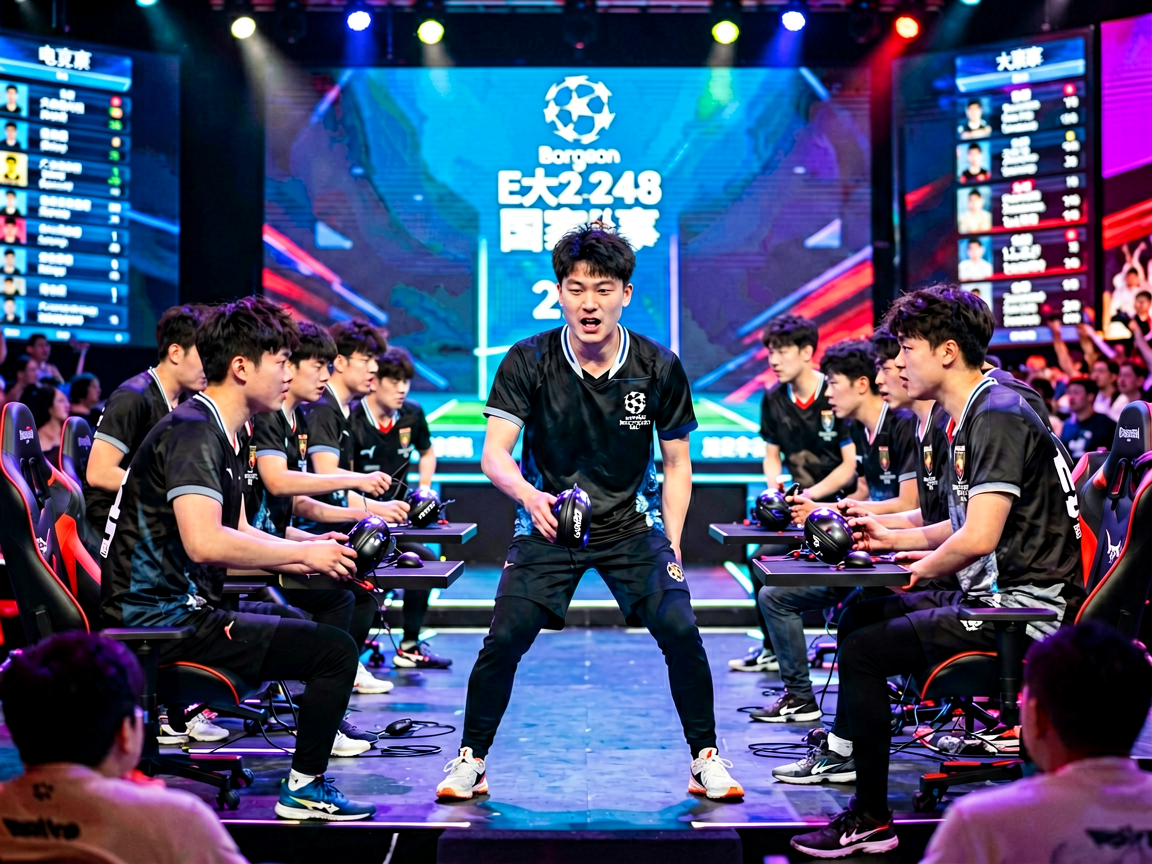 电竞比赛现场，选手在舞台前激烈竞技